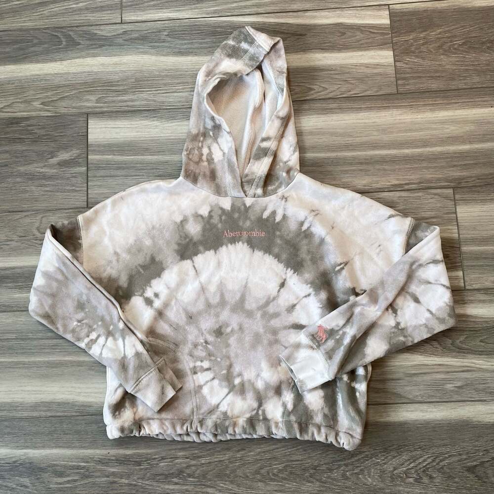 Abercrombie Kids Girls Gray and White Tie-Dye Embroidered Cropped Hoodie 13/14